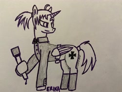 Size: 4032x3024 | Tagged: safe, artist:steelepone, imported from derpibooru, oc, oc:jagerin, alicorn, pony, alicorn oc, clothes, horn, sketch, solo, steilhandgranate, uniform, wings, world war i