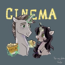Size: 2048x2048 | Tagged: safe, imported from derpibooru, oc, oc only, oc:raindrop halo, pony, unicorn, duo, father and child, father and daughter, female, food, horn, male, movie theatre, popcorn, unicorn oc