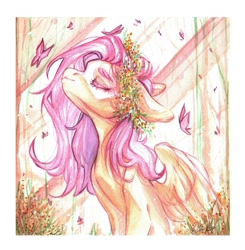 Size: 1058x1080 | Tagged: safe, artist:dorry, imported from derpibooru, fluttershy, butterfly, pegasus, pony, eyes closed, floral head wreath, flower, forest, scan, solo, traditional art, watercolor painting, white frame