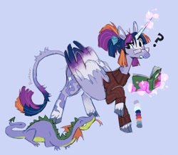 Size: 1204x1051 | Tagged: safe, artist:runkpori, imported from derpibooru, spike, twilight sparkle, alicorn, pony, book, bow, glasses, hair bow, leonine tail, magic, question mark, redesign, tail, telekinesis, twilight sparkle (alicorn)