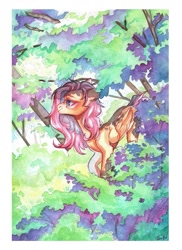 Size: 785x1080 | Tagged: safe, artist:dorry, imported from derpibooru, fluttershy, pegasus, pony, forest, looking away, scan, scanned, solo, traditional art, tree, under the tree, walking, watercolor painting, white frame