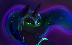 Size: 1384x880 | Tagged: safe, artist:testostepone, imported from derpibooru, nightmare moon, oc, oc only, oc:t'zzet, alicorn, changeling, pony, abstract background, changeling oc, disguise, disguised changeling, ethereal mane, eyeshadow, glowing, glowing eyes, helmet, lidded eyes, makeup, peytral, solo
