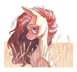 Size: 1280x1190 | Tagged: safe, artist:dorry, imported from derpibooru, oc, oc only, pony, unicorn, food, horn, looking at you, partial background, scanned, simple background, solo, traditional art, unicorn oc, watercolor painting, wheat, wheat field, white frame