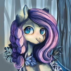 Size: 700x700 | Tagged: safe, artist:temary03, imported from derpibooru, fluttershy, pegasus, pony, braid, female, forest background, pigtails, smiling, solo