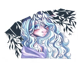 Size: 1280x1047 | Tagged: safe, artist:dorry, imported from derpibooru, oc, oc only, pony, colored eyelashes, leaves, looking away, partial background, scanned, simple background, solo, traditional art, watercolor painting, white background