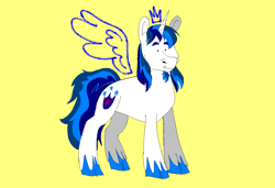 Size: 1296x886 | Tagged: safe, artist:msponies, imported from derpibooru, shining armor, pony, unicorn, cloven hooves, dot eyes, fake wings, g4, imagination, male, ms paint, requested art, simple background, smiling, stallion, tail, unshorn fetlocks, yellow background