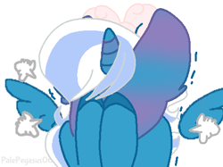 Size: 468x350 | Tagged: safe, artist:palepegasus06, imported from derpibooru, oc, oc only, oc:fleurbelle, alicorn, pony, alicorn oc, blushing, bow, covering eyes, female, flushed face, hair bow, horn, male, mare, simple background, solo, white background, wings