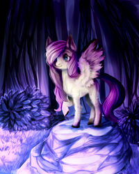 Size: 800x1000 | Tagged: safe, artist:temary03, imported from derpibooru, fluttershy, pegasus, pony, bush, female, forest background, night, one eye covered, solo