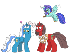 Size: 3045x2260 | Tagged: safe, artist:supahdonarudo, imported from derpibooru, oc, oc only, oc:fleurbelle, oc:ironyoshi, oc:sea lilly, alicorn, classical hippogriff, hippogriff, pony, unicorn, bow, camera, clothes, excited, heart, holding, jewelry, necklace, seductive look, shipping, shirt, simple background, surprised, transparent background