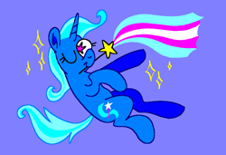 Size: 1296x886 | Tagged: safe, artist:msponies, imported from derpibooru, trixie, pony, unicorn, blue background, female, flag, g4, magic wand, mouth hold, ms paint, one eye closed, pride, pride flag, simple background, smiling, solo, sparkles, starry eyes, tail, trans female, trans trixie, transgender, transgender pride flag, wingding eyes, wink