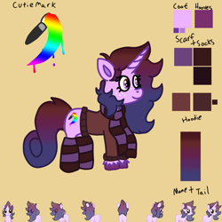 Size: 2048x2048 | Tagged: safe, artist:punk-bats, artist:rosy_eclairs, imported from derpibooru, pony, unicorn, clothes, cutie mark, female, freckles, gradient mane, gradient tail, hoodie, mare, reference sheet, scarf, socks, tail, turnaround