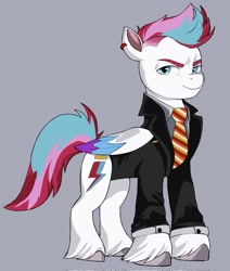 Size: 1739x2048 | Tagged: safe, artist:bearpone, artist:bearpone2, imported from derpibooru, zipp storm, pegasus, pony, butch, clothes, ear piercing, earring, female, folded wings, formal wear, furrowed brow, g5, gray background, jewelry, lesbian, lesbian pride flag, mare, my little pony: a new generation, necktie, piercing, pride, pride flag, shaved mane, shaved sides, short hair, simple background, smiling, smirk, solo, standing, suit, tuxedo, unshorn fetlocks, wings