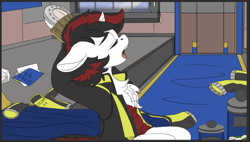 Size: 766x435 | Tagged: safe, artist:brainiac, imported from derpibooru, oc, oc:blackjack, pony, unicorn, fallout equestria, fallout equestria: project horizons, brainiacs sketchbook (set), clothes, female, jumpsuit, mare, solo, stable, stretch, vault suit, waking up, yawn
