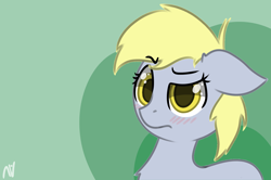 Size: 1828x1215 | Tagged: safe, artist:nyrikiri, imported from derpibooru, derpy hooves, pegasus, pony, blushing, female, mare, simple background, solo