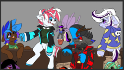 Size: 750x430 | Tagged: safe, artist:brainiac, imported from derpibooru, oc, oc:blackjack, oc:brainiac, oc:heccin pepperino, oc:piper, oc:rose sniffer, oc:shotglass, oc:whiskey lullaby, breezie, cat, cat pony, kirin, original species, pony, unicorn, fallout equestria, fallout equestria: project horizons, brainiacs sketchbook (set), female, male, mare, stallion