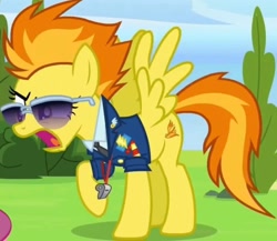 Size: 1808x1569 | Tagged: safe, imported from derpibooru, screencap, spitfire, pegasus, pony, the washouts (episode), angry, clothes, cropped, female, mare, necktie, solo, spitfire's whistle, suit, sunglasses, uniform, whistle, whistle necklace, wonderbolts dress uniform