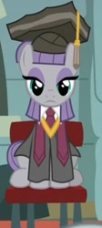 Size: 301x671 | Tagged: safe, imported from derpibooru, screencap, maud pie, earth pony, pony, rock solid friendship, chair, clothes, cropped, female, graduation, graduation cap, hat, mare, necktie, robe, rocktorate, school, sitting, solo, stage