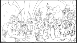 Size: 654x368 | Tagged: safe, artist:brainiac, imported from derpibooru, pinkie pie, princess cadance, princess celestia, princess luna, queen chrysalis, spike, tree hugger, twilight sparkle, oc, oc:alumx, oc:whiskey lullaby, alicorn, changeling, changeling queen, dragon, earth pony, pony, unicorn, brainiacs sketchbook (set), hookah