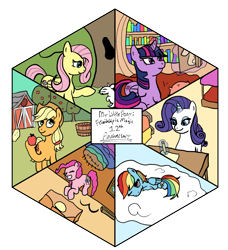 Size: 1500x1645 | Tagged: safe, artist:zan logemlor, imported from derpibooru, applejack, fluttershy, pinkie pie, rainbow dash, rarity, twilight sparkle, alicorn, earth pony, pony, unicorn, anniversary, apple, apple tree, applejack's hat, book, cloud, cowboy hat, female, folded wings, food, glowing, glowing horn, happy birthday mlp:fim, hat, hoof hold, horn, lying down, magic, magic aura, mane six, mare, mlp fim's twelfth anniversary, on a cloud, one eye closed, pencil, prone, reading, sweet apple acres, telekinesis, tree, twilight sparkle (alicorn), wings, writing