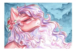 Size: 1280x859 | Tagged: safe, artist:dorry, imported from derpibooru, oc, oc only, pony, bust, cloud, eyes closed, flower, flower in hair, portrait, sky background, solo, traditional art, watercolor painting, wavy mane