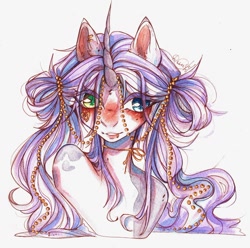 Size: 1280x1269 | Tagged: safe, artist:dorry, imported from derpibooru, pony, unicorn, bust, curved horn, gold, heterochromia, horn, looking away, markings, portrait, scan, scanned, simple background, traditional art, watercolor painting, white background