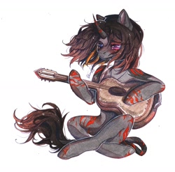 Size: 1280x1265 | Tagged: safe, artist:dorry, imported from derpibooru, oc, oc only, pony, unicorn, curved horn, guitar, heterochromia, horn, leonine tail, markings, musical instrument, not zebra, scan, scanned, simple background, solo, stripes, tail, traditional art, unicorn oc, watercolor painting, white background