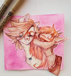 Size: 996x1080 | Tagged: safe, artist:dorry, imported from derpibooru, oc, oc only, gecko, lizard, pony, animal on nose, cheek kiss, clothes, duo, jewelry, kissing, one eye closed, pen, pendant, photo, pink background, simple background, traditional art, watercolor painting