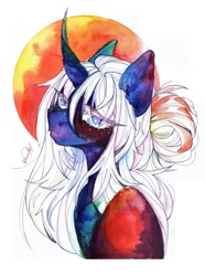 Size: 805x1080 | Tagged: safe, artist:dorry, imported from derpibooru, oc, oc only, pony, unicorn, bust, circle background, colored eyelashes, curved horn, horn, looking at you, partial background, portrait, simple background, solo, traditional art, unicorn oc, watercolor painting, white background