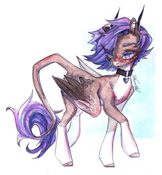 Size: 1004x1080 | Tagged: safe, artist:dorry, imported from derpibooru, oc, oc only, pegasus, pony, blushing, choker, colored eyelashes, freckles, horns, leonine tail, looking down, markings, pegasus oc, scanned, simple background, solo, tail, traditional art, watercolor painting, white background