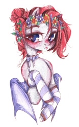 Size: 669x1080 | Tagged: safe, artist:dorry, imported from derpibooru, oc, oc only, bat pony, pony, bat pony oc, bun hairstyle, clothes, floral head wreath, flower, looking at you, ribbon bow tie, scan, scanned, simple background, socks, striped socks, traditional art, watercolor painting, white background