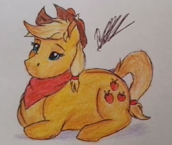 Size: 1024x866 | Tagged: safe, artist:discbreaker100, imported from derpibooru, applejack, earth pony, pony, bandana, female, hat, lying down, mare, ponyloaf, prone, solo, traditional art