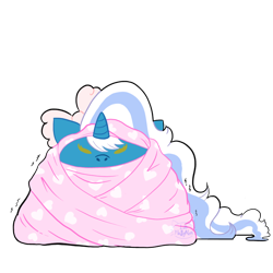 Size: 768x768 | Tagged: safe, artist:lib-fluffymoss, imported from derpibooru, oc, oc only, oc:fleurbelle, alicorn, pony, alicorn oc, blanket, bow, eyes closed, female, hair bow, horn, mare, shivering, simple background, solo, transparent background, wings