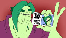 Size: 1870x1080 | Tagged: safe, artist:appelknekten, imported from derpibooru, oc, oc:appel, earth pony, human, pony, blushing, card, glasses, gradient background, humanized, id card, kronk, kronk's new groove, license, meme