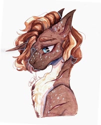 Size: 874x1080 | Tagged: safe, artist:dorry, imported from derpibooru, oc, oc only, pony, unicorn, bust, chest fluff, horn, looking down, portrait, scan, scanned, scar, simple background, solo, traditional art, twitterina design, unicorn oc, watercolor painting, white background
