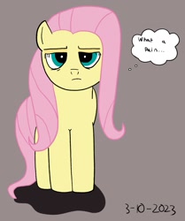 Size: 1050x1254 | Tagged: safe, artist:hightierartist, imported from derpibooru, fluttershy, pegasus, pony, annoyed, female, mare, simple background, solo, thought bubble, unamused