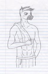 Size: 1625x2500 | Tagged: safe, artist:xyclone, imported from derpibooru, oc, oc only, oc:velocity, anthro, abs, belly button, lined paper, male, muscles, pecs, solo, towel, traditional art
