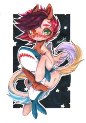 Size: 760x1080 | Tagged: safe, artist:dorry, imported from derpibooru, oc, oc only, original species, pegasus, pony, shark, blåhaj, ikea, leonine tail, marker drawing, partial background, paws, plushie, pony oc, shark plushie, simple background, solo, stars, tail, traditional art, wings