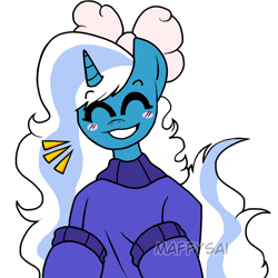 Size: 2000x2000 | Tagged: safe, artist:chocogriff, imported from derpibooru, oc, oc only, oc:fleurbelle, alicorn, semi-anthro, alicorn oc, blushing, bow, clothes, female, hair bow, horn, mare, simple background, smiling, solo, sweater, transparent background, watermark, wings