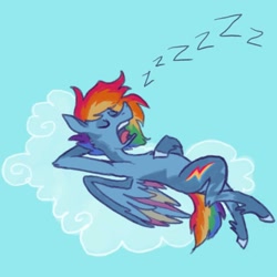 Size: 1280x1280 | Tagged: safe, artist:heebiejeebies, imported from derpibooru, rainbow dash, pegasus, pony, arm behind head, cloud, eyes closed, female, lying down, on a cloud, on back, onomatopoeia, open mouth, simple background, sky, sleeping, sleeping on a cloud, sleepydash, snoring, solo, sound effects, zzz