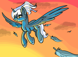Size: 1682x1234 | Tagged: safe, artist:emberjaaas, imported from derpibooru, oc, oc only, oc:fleurbelle, alicorn, pony, alicorn oc, feather, female, flying, horn, mare, simple background, sky, solo, sunset, wings, yellow background