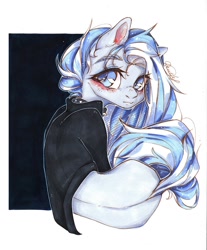 Size: 894x1080 | Tagged: safe, artist:dorry, imported from derpibooru, oc, oc only, earth pony, pony, abstract background, choker, clothes, earth pony oc, jacket, leather, leather jacket, looking away, looking back, marker drawing, partial background, rear view, scanned, simple background, solo, spiked choker, traditional art, white background