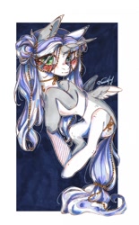 Size: 670x1080 | Tagged: safe, artist:dorry, imported from derpibooru, oc, oc only, alicorn, pony, alicorn oc, gold, horn, looking at you, marker drawing, partial background, simple background, solo, traditional art, waist wings, white background, wings