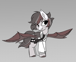 Size: 2220x1800 | Tagged: safe, artist:syrupyyy, imported from derpibooru, oc, oc only, oc:news flash, bat pony, pony, clothes, female, gray background, mare, necktie, simple background, sketch, solo, spread wings, suit, wings