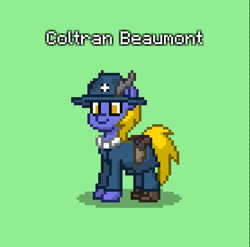 Size: 555x549 | Tagged: safe, imported from derpibooru, oc, oc only, oc:coltran beaumont, deer, pony, pony town, american civil war, clothes, coat, deer oc, green background, gun, handgun, non-pony oc, revolver, simple background, solo