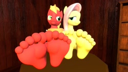 Size: 1920x1080 | Tagged: safe, artist:jhedral, imported from derpibooru, big macintosh, fluttershy, anthro, earth pony, pegasus, plantigrade anthro, 3d, duo, feet, female, fluttermac, foot focus, looking at each other, looking at someone, male, mare, shipping, soles, source filmmaker, stallion, straight