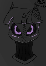 Size: 460x654 | Tagged: safe, artist:bifrose, imported from derpibooru, twilight sparkle, pony, robot, robot pony, unicorn, black sclera, glowing, glowing eyes, looking at you, roboticization, solo, twibot