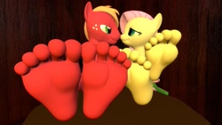 Size: 1920x1080 | Tagged: safe, alternate version, artist:jhedral, imported from derpibooru, big macintosh, fluttershy, anthro, earth pony, pegasus, plantigrade anthro, 3d, boop, duo, feet, female, fluttermac, foot focus, looking at each other, looking at someone, male, mare, noseboop, shipping, smiling, smiling at each other, soles, source filmmaker, stallion, straight