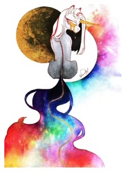 Size: 784x1080 | Tagged: safe, artist:dorry, imported from derpibooru, oc, oc only, pony, unicorn, golden eyes, horn, moon, rear view, simple background, solo, traditional art, unicorn oc, watercolor painting, white background