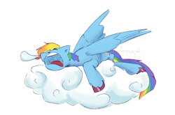 Size: 1118x740 | Tagged: safe, artist:fernsensei, imported from derpibooru, rainbow dash, pegasus, pony, cloud, female, on a cloud, simple background, sleeping, sleeping on a cloud, snoring, snot bubble, solo, white background