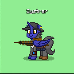 Size: 558x558 | Tagged: safe, imported from derpibooru, oc, oc only, oc:systrar, alicorn, pony, fallout equestria, alicorn oc, artificial alicorn, blue alicorn (fo:e), clothes, ear piercing, earring, fedora, gauss rifle, hat, horn, jewelry, piercing, pipbuck, wings